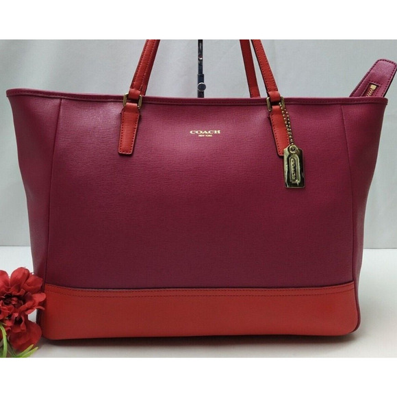 Coach City Tote Colorblock Red Magenta Leather Zipper Tote Shoulder Bag - Picture 5 of 13